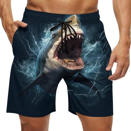 Men's Shark Print Swim Trunks Mesh Lining Bathing Suit Quick Dry