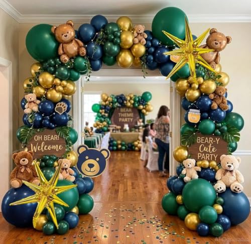 Image of Navy Blue Green Balloon Arch Double Stuffed Dark Emerald Green Blue Gold Balloon Garland Kit with Star Foil Balloons for Birthday Graduation Anniversary Baby Shower Christmas Party Decorations