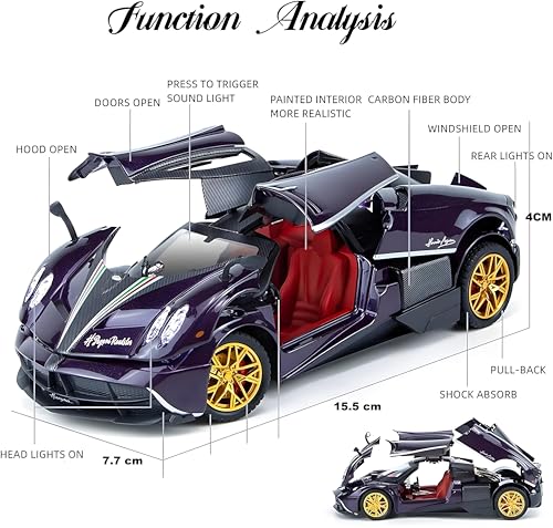 Image of 1:32 Scale Pagani Die-Cast Model Car - Alloy Metal Body Toy Car with Openable Doors, Pullback Action, Light & Sound Effects (Pagani Blue)