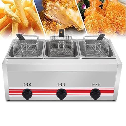 KJZQXYX Freidora de Gas Comercial, freidora de Gas de encimera de Acero Inoxidable con Soporte para condimentos y cestas extraíbles, Temperatura de Doble Tanque Grande (30l)