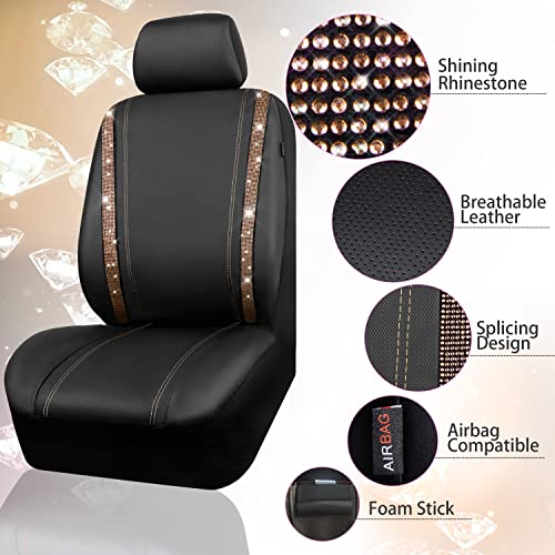Image of CAR PASS Bling Diamond Car Seat Covers Full Sets, Shining Rhinestone Waterproof Faux Leather, with Zipper, Universal Fit Automotive Glitter Crystal Sparkle Strips Cute Women Girl, Champagne Gold