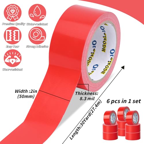 Image of Oleitodh 6 Pack Red Duct Tape Heavy Duty,8.3 Mil Thickness,2 Inches x 30 Yards,Strong Industrial Strength,Flexible,No Residue,Waterproof and Tear by Hand,Multi-Use for Indoor & Outdoor Repairs