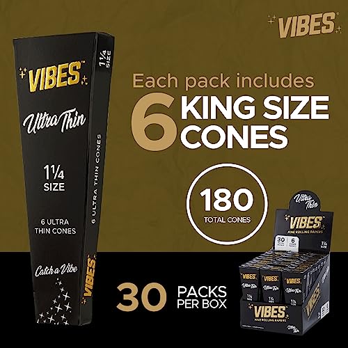 Vibes Ultra-Thin Pre-Rolled Cones - King Size, 30-Pack Display Box, Chlorine-Free Technology, And Convenient Packing Tool Included #TOP3