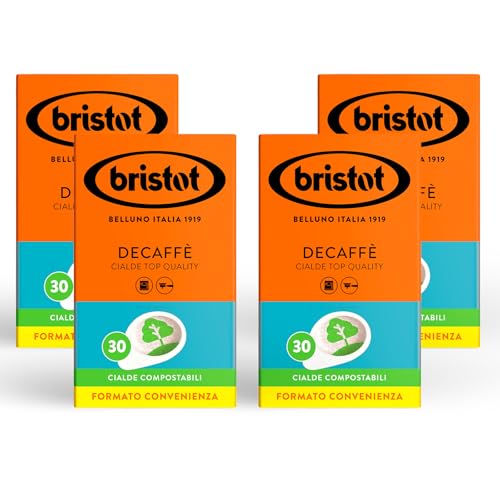 Bristot, 120 Cialde Caffè Decaffè - Miscela Di Caffè Decaffeinato, Aroma Fine e RetroGusto Cioccolatoso - 4 Confezioni da 30 cialde