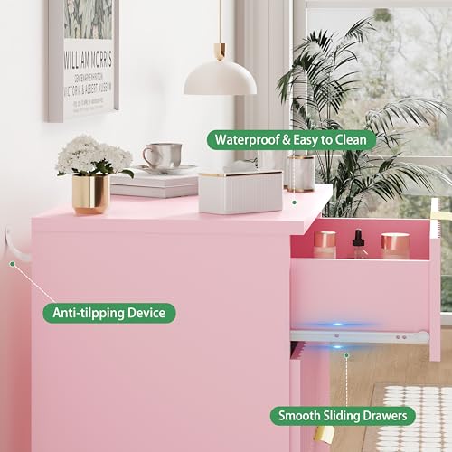 Image of Xixini Fluted Dresser for Bedroom with 3 Drawers, 24 inch Wide Modern Chest of Drawers with Metal Handle, Wooden Dresser TV Stand, Wood Closet Clothes Storage Organizer for Living Room, Hallway, Pink