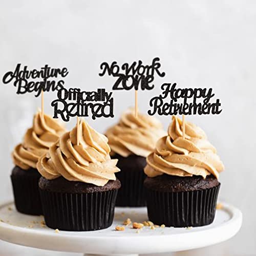 Keaziu 24Pcs Happy Retirement Cupcake Toppers Officially Retired No Work Zone Adventure Begins Cupcake Picks Retirement Theme Farewell Birthday Party Cake Decorations Supplies Black #TOP3