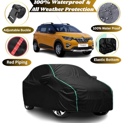 Image of 100% Waterproof Car Body Cover Compatible with Renaults Triber (2015 to 2026), with Mirror Pockets, Long Lasting Strong Durable Material, Bottom Elastic Triple Stitched (Black)