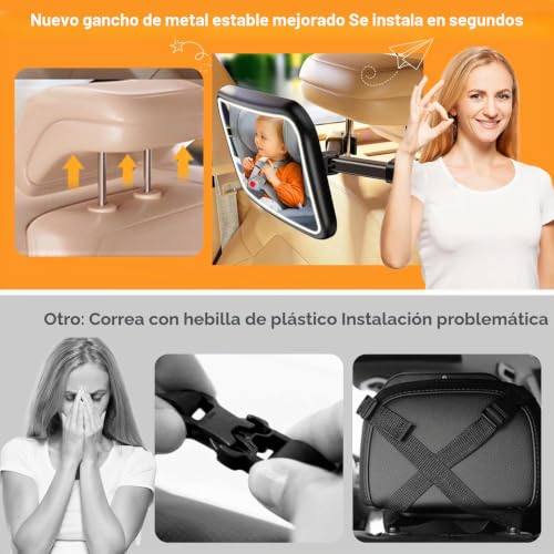 Miniatura 2 de Espejo Retrovisor De Bebé Con Led, 100 A Prueba De Roturas, 360 Giratorio, Asiento Trasero Coche Con Clip De Gancho Para Observación A