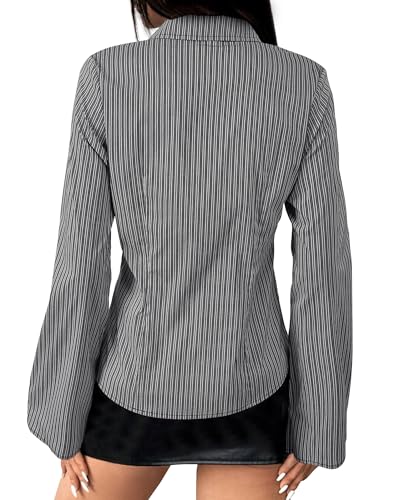 Striped Button Down Shirts for Women Dress Shirt Slim Fit Long Sleeve Casual Collared Work Blouse Y2K Fall Outfits2