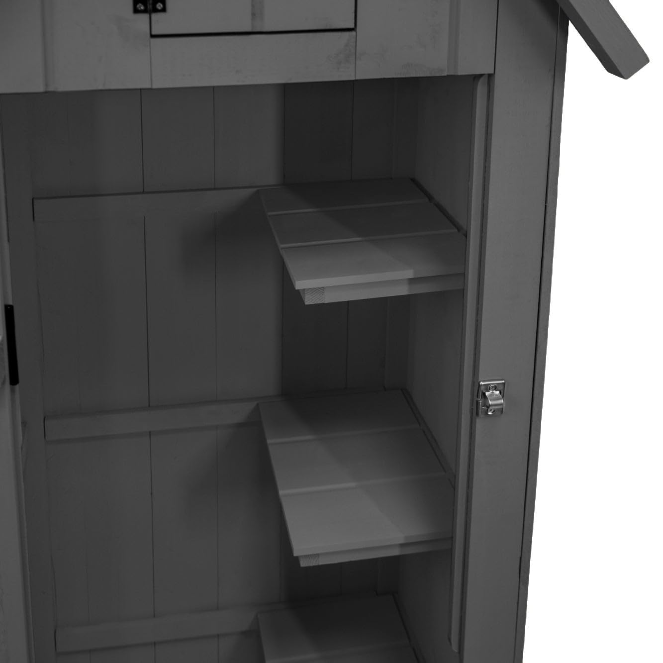 Cobertizo de Jardín de Madera Gris Almacenamiento Almacenaje Caseta Exterior Organizador Herramientas Jardin Estantes Esquina Ganchos para Colgar Sobre Puertas Candado llaves + Kit Fijación GRATIS
