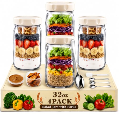 9PCS Salad Meal Prep Containers, 32oz Large Glass Salad Jars with Lids Meal Prep with 4 Forks, Leakproof Salad Container for Lunch with Separate Wet/Dry Dressing Cups for Home, Office and Outdoor