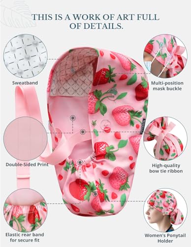 Scrub-Caps-Women-Ponytail--Strawberry-Delight-Double-Sided-Printed-Surgical-Hat-with-Buttons-and-Sweatband-Soft-Nurse-Cap-for-Long-Hair-Helps-Reduce-Static-Buildup