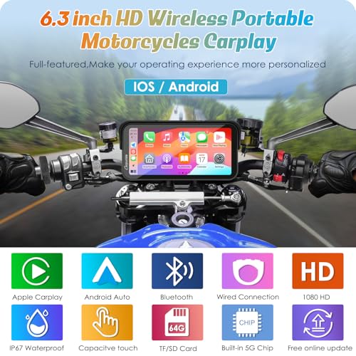 Carpuride W603 Motorfiets GPS Carplay Scherm, Draadloos CarPlay & Android Auto voor Moto, 6.3" Waterdicht Touchscreen, BT Trans, Loop Recording, Navigatie