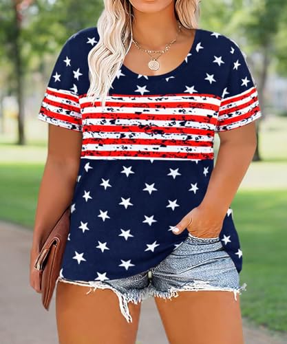 Image of CARCOS Plus Size Tops for Women Short Sleeve Summer Pullover Color Block Crewneck /V Neck Tee Tunic Loose Fit Tshirts XL-5XL