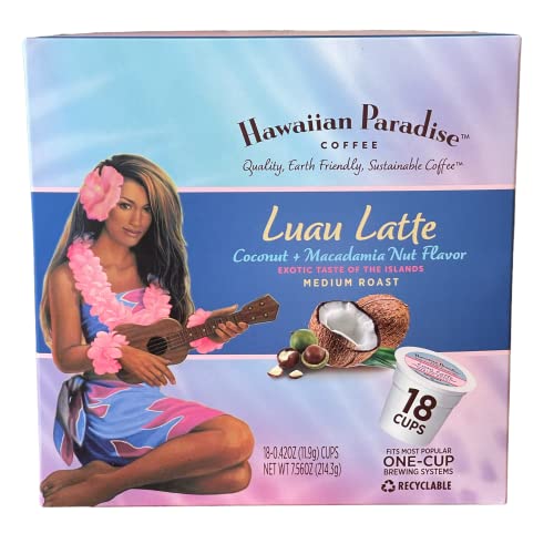 Hawaiian Paradise Coffee Luau Latte Coconut & Macadamia Nut Flavor Single Serve Cups (18 Cups) â€“ Medium Roast with an Amazing Aroma â€“ Compatible with Keurig K-Cup Brewers