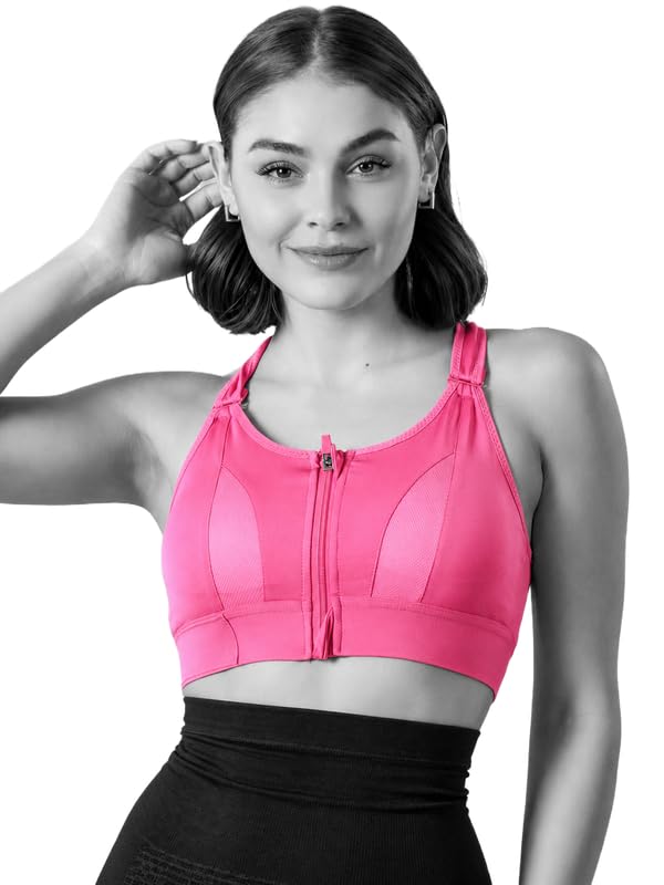 Image of Women Polyester Spandex High Impact Front Zip Sports Bra Fitness Criss Cross Back Crop Tops Tank Gym Yoga Workout, Size: M-5XL