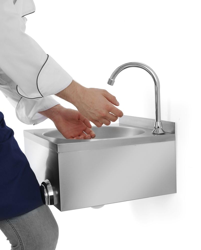 HENDI Waschbecken, mit Kniebedienung, inkl. Anschlussmaterial, Wandhalterung, Spülengröße: ø350x(H)123mm, Spülbecken, Handwaschbecken, Hängewaschbecken, 400x428x(H)406mm, Edelstahl