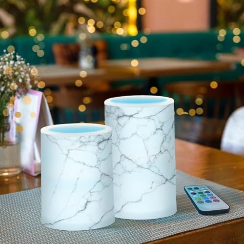 Image of Flickering Flameless Candles, White and Black Marble LED Candles with Remote Timer, Set of 2 Battery Operated Candle for Valentine Wedding Birthday