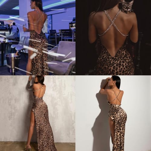 Image of Suillty Women's Sexy Leopard Print Backless High Split Bodycon Maxi Dress for Party Club