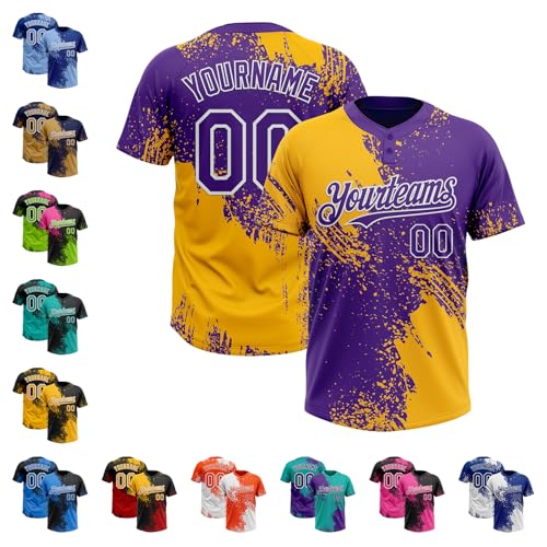 Design Blank Softball Team Jersey Gold and Purple, Youth Two Button Varsity Baseball Practice Uniforms for Boys Girls, Stitched Personalized Name Number Hip Hop Sports Summer Tees for Fan Club Family