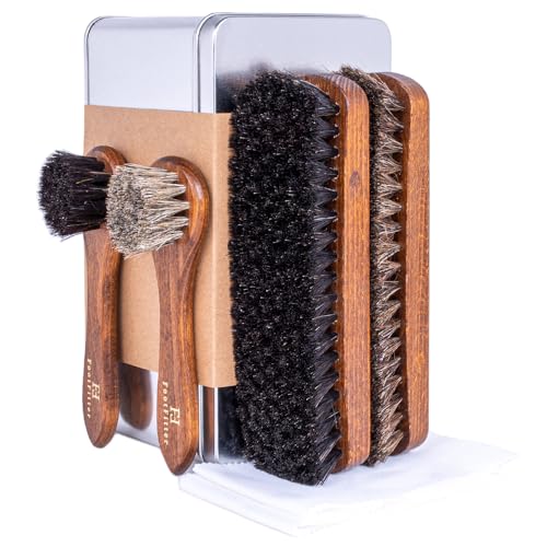 FootFitter Essential Horsehair Shoe Shine Brush Set, Shoe Care Kit with Shoe Shine Brushes & Cloths for Polishing Leather Footwear (Made in Germany)