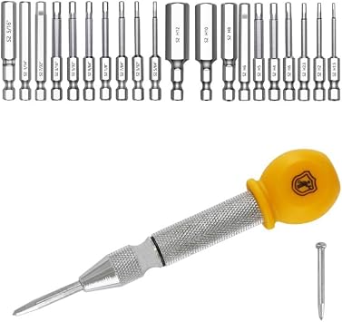 MulWark Hex Head Allen Wrench Drill Bit Set 20PC 10pc Metric & 10pc SAE & 5" Spring-Loaded Automatic Steel Center Hole Punch