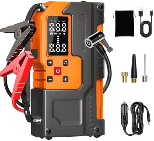 Jump Starter with Air Compressor 2000A, 10000mAh&150PSI Car Battery Jumper Starter Portable, 12V Battery Pack Jump Box (9L Gas/7L Diesel Engine) with Boost, Light and Jumper Cables(Orange)