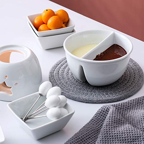 Foto von MALACASA, Serie Favor, 14 teilig Porzellan Schokofondue Set, Käsefondue Topf-Set mit 6 Fondue Gabeln 6 Fondue Schalchen, Fondueset für 6 Personen für Schoko Käse Nachtisch, 400ML