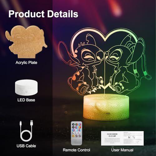Miniatura 7 de Hoofun Lámpara Stitch, 16 Colores Luz Nocturna, Lámpara Anime 3d Led Ilusión Con Control Remoto Y Smart Touch, Idea Regalo Di Natale Decoración Para La Camera Dei Bambini