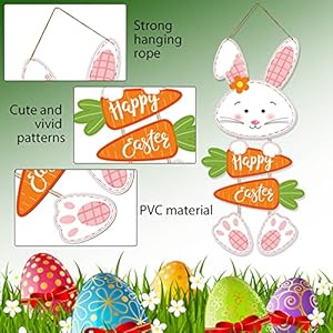 Easter Decorations Rabbit Sign Hanging Wall Decor Bunny Carrot Happy Easter Door Signs with Ropes Decorative Easter Theme Sign Plaque Hanger for Easter Home Wall Door Indoor Outdoor Spring Decoration