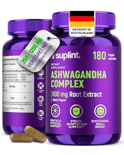 Ashwagandha Kapseln – 600mg Wurzelextrakt mit 5% Withanoliden – Hochdosiert – 180 vegane Kapseln – Laborgeprüft, GMP-zertifiziert, 3-Monats-Vorrat (1 Pack)