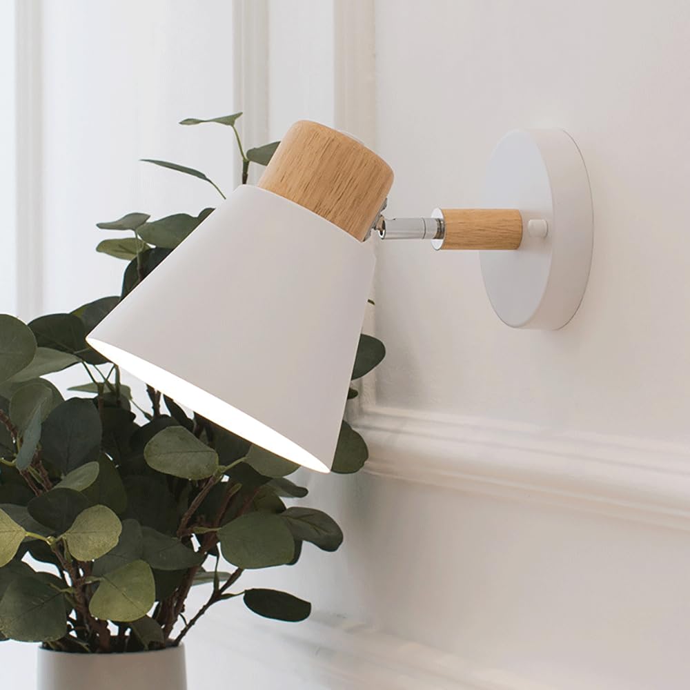 Aplique de pared retro para mesita de noche, aplique de pared de metal blanco con lámpara de madera, lámparas de pared ajustables a 180°, accesorio de iluminación E27, apliques de macarrón nórdic