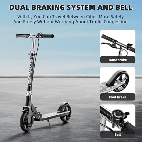 Scooters for Kids 8-12, Teens & Adults - Lightweight, Foldable, 8-Inch Big Wheels, Hand Brake & Bell, 4 Adjustable Height Levels, 240 lbs Max Load - Perfect for School, Campus and Park Rides Black