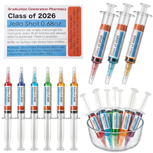 48 Pcs Nurse Graduation Party Decorations Class of 2026 Jello Shot Syringes 24 Pack 20ml Reusable Plastic Syringe Shooters with Caps and 24 Pharmacy Prescription Stickers, Nursing RN Medical School Grad Party Favors Supplies