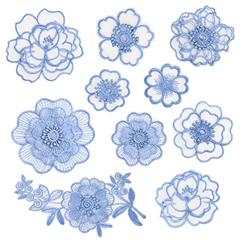 URROMA - URROMA Blue Lace Flower Embroidery Applique, 10 Pcs Organza Flower Trim Sew On Patch for Wedding Bridal Dress DIY Sewing Craft Clothes Hair Ornament