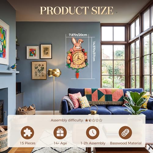 WDPINTU 3D Wooden Puzzles Clock - Easter Bunny Design - DIY Mechanical Pendulum Clock Kit for Adults - Unique Home Decor & Gift Idea — view 3