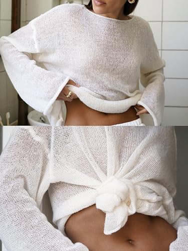 Image of Sweters for Women, Womens Sweater, O-Neck Solid Color See Through Pullover Jumper Shirt Beach