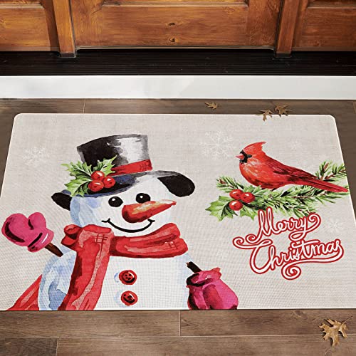 Topotdor Christmas Snowman With Red Cardinal Bird Decorative Doormat,Farmhouse Christmas Welcome Mat Non Slip Washable Low Profile For Front Door Outdoor Indoor Entrance (Natural, 24" X 35") #TOP15