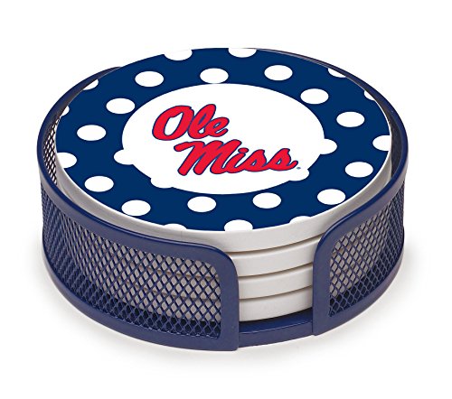 Thirstystone Stoneware Drink Coaster Set with Holder, University of Mississippi Dots