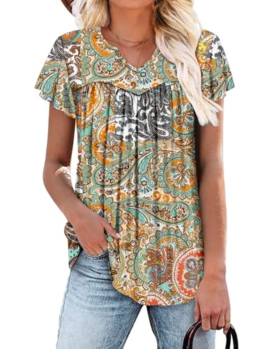 KISSMODA Tops for Womens Summer Cute Short Sleeve Shirts Trendy Notched Neck Blouses Casual Loose Pleated Tunics S-3Xl