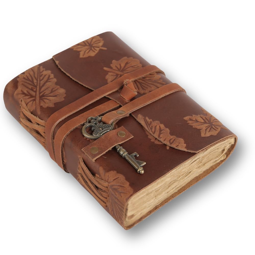LEARICHI Vintage Leather Journal Embossed Mapple Leaf Writing Notebook for Men and Women, Grimoire Book of Shadows, Artist Drawing Sketchbook with Old Deckle Handmade Paper, Lined Pages, Size B6