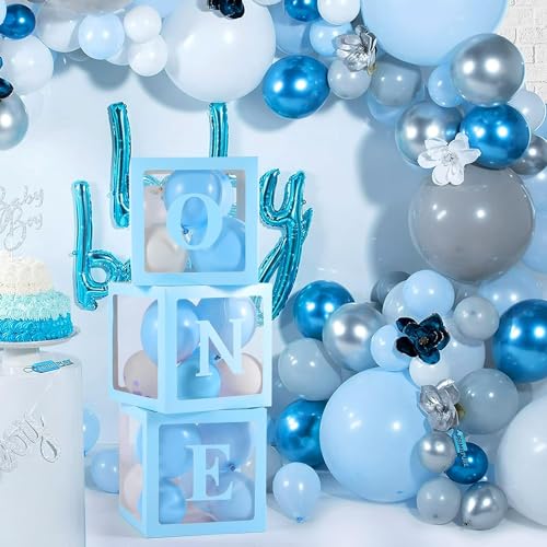 Image of Rozi Decoration Paper Blue One Balloon Box For 1St Birthday Parties Decorations Set Of 3 Box First Birthday Balloons Box, Happy Birthday Decoration For 1St Year Balloons Box Decor