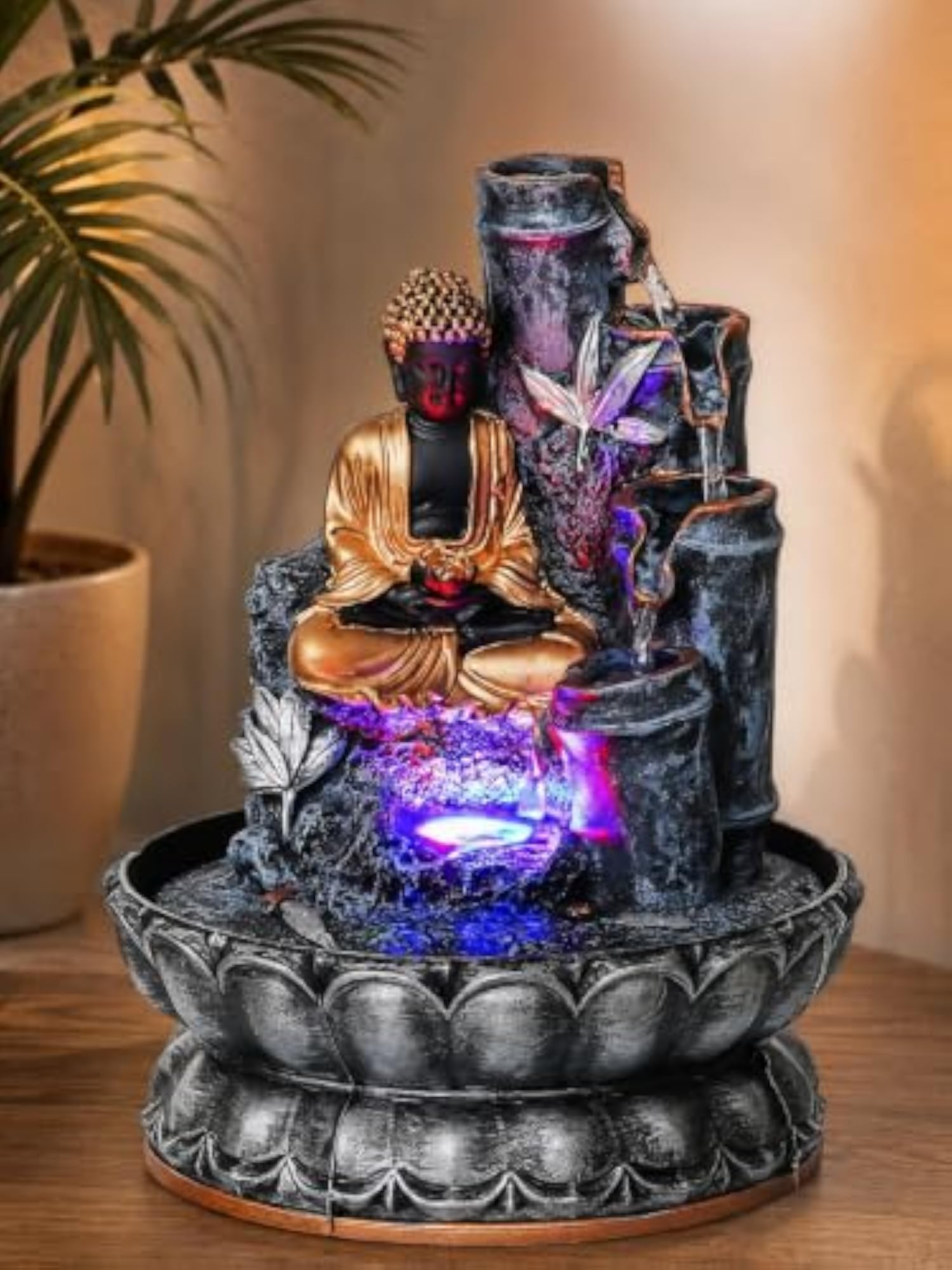 Grey Color Polyresin Tabletop Buddha Water Fountain