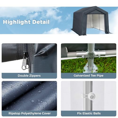 GREEN PARTY Storage Shelter Shed, 8x12 ft Portable Shed Outdoor Carport with Roll-up Zipper Door & Vents, Outdoor Storage Shed Portable Garage for Motorcycle, Bike, Waterproof & UV Protected, Gray - Thumbnail 2