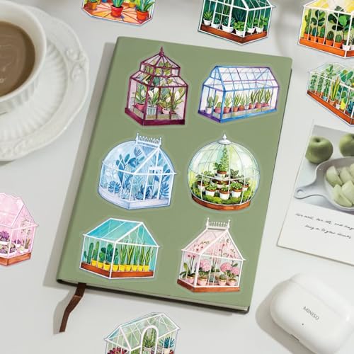 Image of 50PCS Transparent Greenhouse Plants Stickers Nature Botanical Floral Aesthetic PET Sticker Waterproof Decorative Decal for Scrapbook DIY Crafts Journal Planner Water Bottles Laptop Phone (Green)