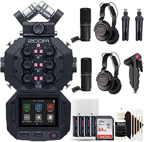 Zoom H8 8-Input / 12-Track Digital Handy Audio Recorder + Two Zoom ZDM-1 Podcast Mic Pack Accessory Bundle + Accessory Kit