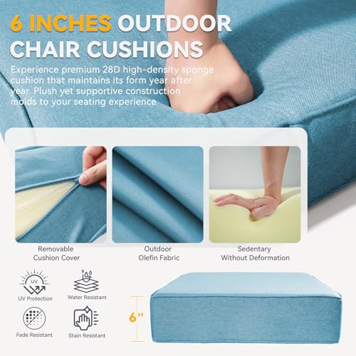 Image of 6 inch Thick Outdoor Chair Cushions - 24 inch* 24 inch Patio Furniture Cushions with Water Resistant & Removable Cover, 28D High Density Sponge Patio Cushion for Outdoor Furniture Couch Chair Light Blue