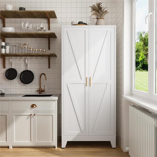 Image of COFaR 71 inch Metal Pantry Cabinet with 5 Adjustable Shelves, White Storage Cabinet with Doors, Sturdy Freestanding Cupboard for Kitchen Organization, Living Room & Bathroom