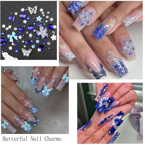 SEMATA Bow Flower Nail Art Charms with Blue Nail Rhinestones Various Shapes Heart Oval Nails Gems Crystal Mixed Size Rhinestones 0.04-0.16in Nails Design Decoration for Women Manicure DIY(Blue) — view 3