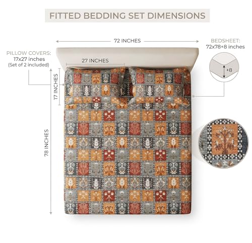 Image of VAS COLLECTIONS 180 TC Cotton Fitted Bedsheet Double Bed (72x78+8 Inches) with 2 Pillow Covers - Soft Breathable Skin Friendly Jaipuri Printed Elastic Fitted Bed Sheet, Red & Grey